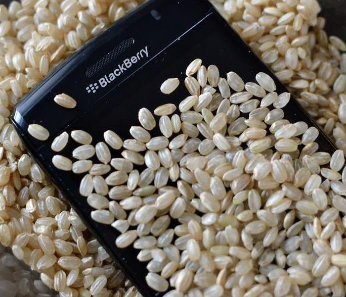 A cell phone submerged in rice