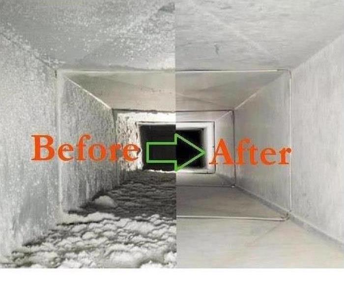 A side by side depiction of a dirty air duct and a clean air duct, a comparison photo
